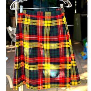 VTG Yellow Red Tartan Plaid Pleat Kilt Wrap Skirt Size XS/S Buckle Thru Closure